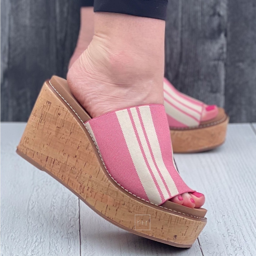 Perfect for Spring! Corkys Mugshot Wedge Heel in Pink Natural Stripe
